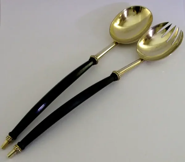 HUGE STUNNING ENGLISH ANTIQUE STERLING SILVER GILT SALAD SERVERS 1880 VICTORIAN
