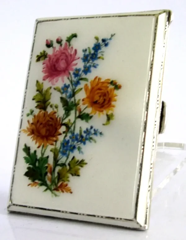 STERLING SILVER ENAMEL HAND PAINTED CHRYSANTHEMUM FLOWER CIGARETTE CASE 1938