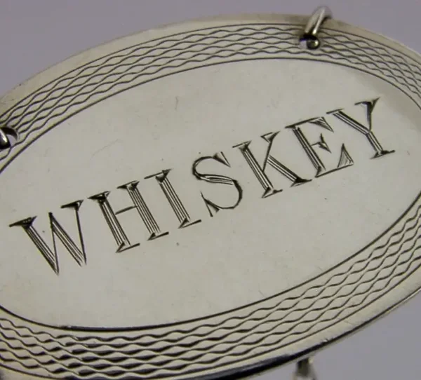 RARE ENGLISH STERLING SILVER IRISH WHISKEY DECANTER LABEL 1923 BARWARE ANTIQUE