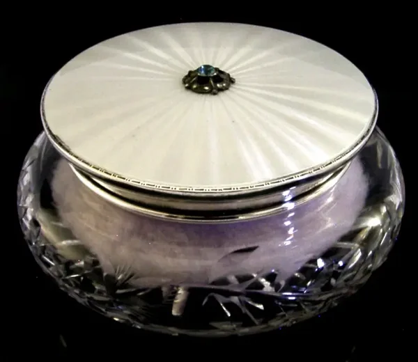 LARGE 522g ART DECO STERLING SILVER CUT GLASS WHITE ENAMEL POT JAR 1955 GARRARDS
