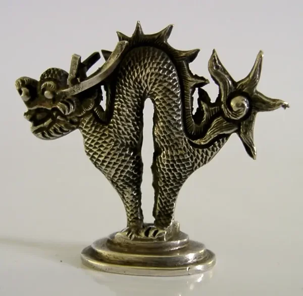 SUPERB CHINESE EXPORT SOLID SILVER DRAGON WAX SEAL c1920 DESL ANTIQUE 20g