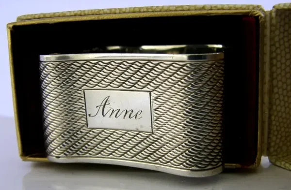 STERLING SILVER ANNE ENGRAVED NAPKIN RING ART DECO 1934 BOXED MINT