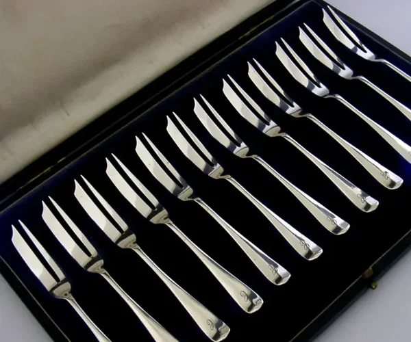 CASED SET of TWELVE STERLING SILVER CAKE PASTRY FORKS 1929 ART DECO