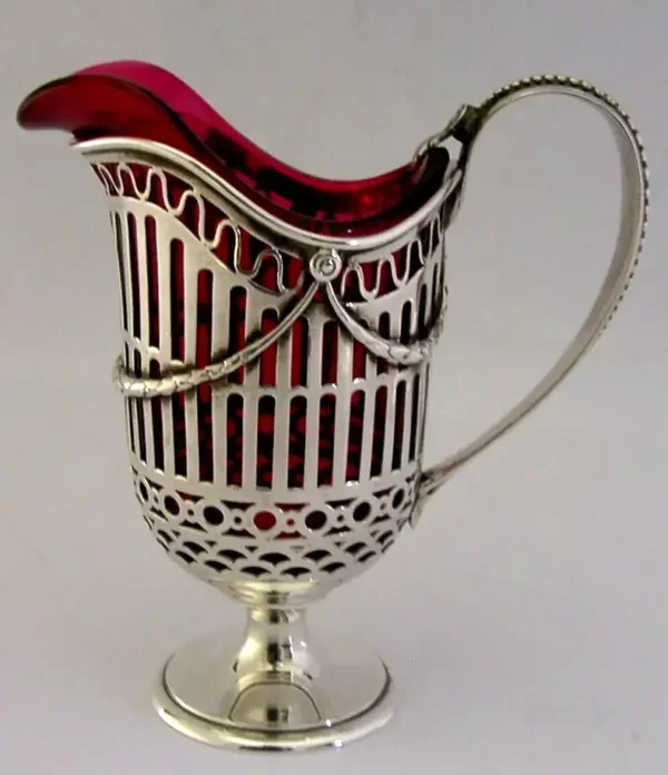 STUNNING RARE AMERICAN GORHAM STERLING SILVER CRANBERRY GLASS JUG c1880 ANTIQUE