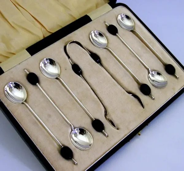 ART DECO STERLING SILVER COFFEE BEAN SPOONS & SUGAR TONGS SET 1923 CASED