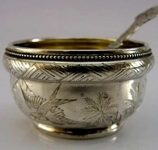 STUNNING VICTORIAN STERLING SILVER BIRDS SALT CELLER / SPOON 1879 AESTHETIC