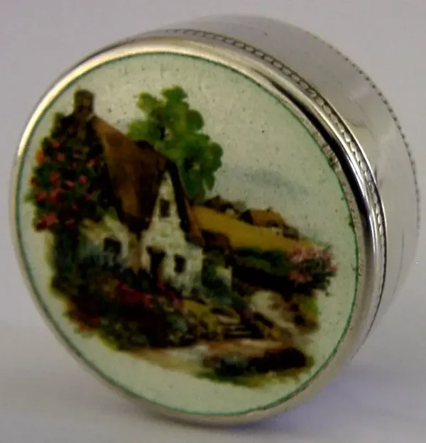 PRETTY SOLID STERLING SILVER ENAMEL COTTAGE SCENE BOX 1983