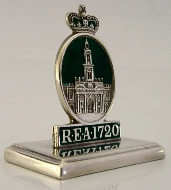 ANTIQUE 1919 STERLING SILVER ENAMEL ROYAL EXCHANGE FIRE PLAQUE MENU HOLDER