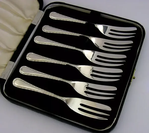 CASED SET of SIX STERLING SILVER CAKE PASTRY FORKS & SERVER 1957 ART DECO