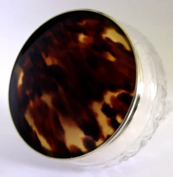 STERLING SILVER FAUX TORTOISESHELL CUT GLASS POT JAR 1926 ANTIQUE