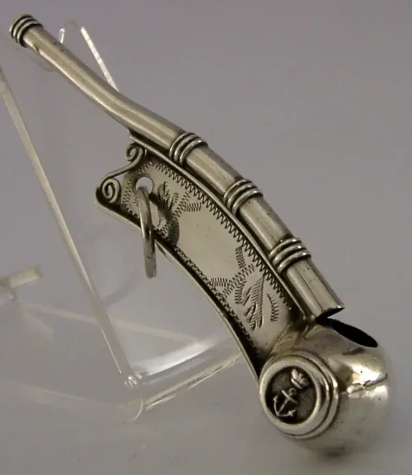 RARE VICTORIAN MILITARY STERLING SILVER BOATSWAIN'S WHISTLE 1874 NAVY ANTIQUE