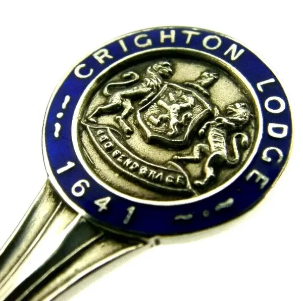 STERLING SILVER ENAMEL MASONIC CADDY SPOON 1923 CRICHTON LODGE 1641