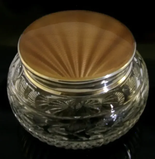 4inch ART DECO STERLING SILVER CUT GLASS BRONZE ENAMELLED POT JAR 1936 ANTIQUE