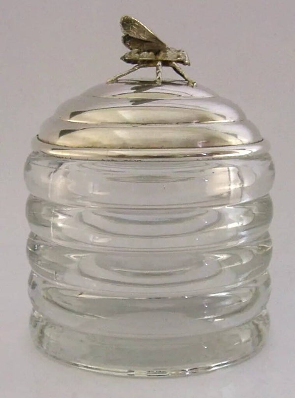 SUPERB AMERICAN STERLING SILVER GLASS BEE HONEY JAR POT c1950 STYLISH 428g