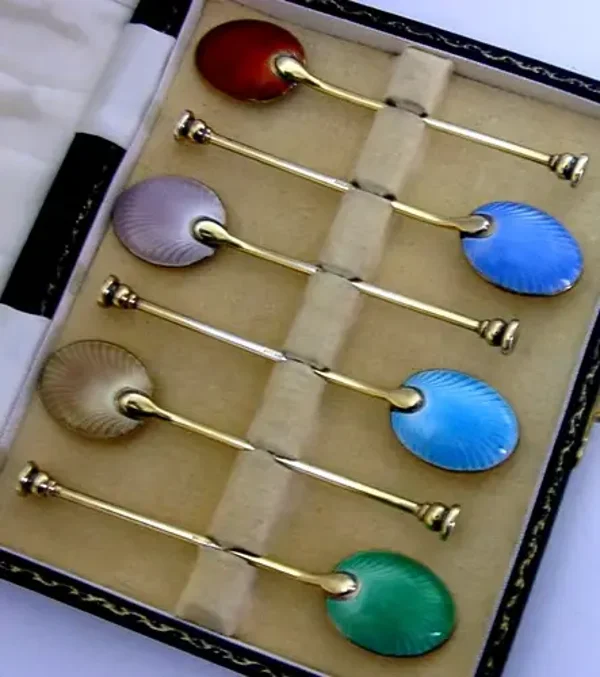 MINT ENGLISH STERLING SILVER GILT ENAMELLED SPOONS 1965 CASED ART DECO STYLE