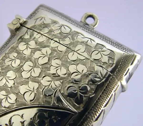 ANTIQUE STERLING SILVER VESTA MATCH CASE 1900 ENGLISH VICTORIAN SHAMROCKS SUPERB