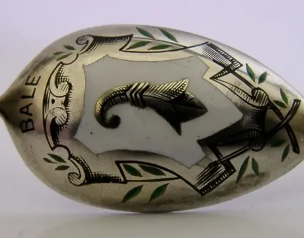 BALE SOLID SILVER SPOON ENAMEL SOUVENIR ANTIQUE C1910 SWITZERLAND BASEL