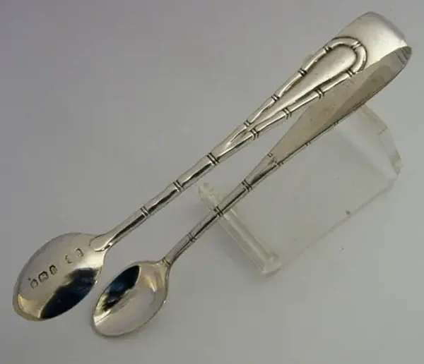 UNUSUAL ENGLISH VICTORIAN SOLID STERLING SILVER BAMBOO SUGAR TONGS 1897