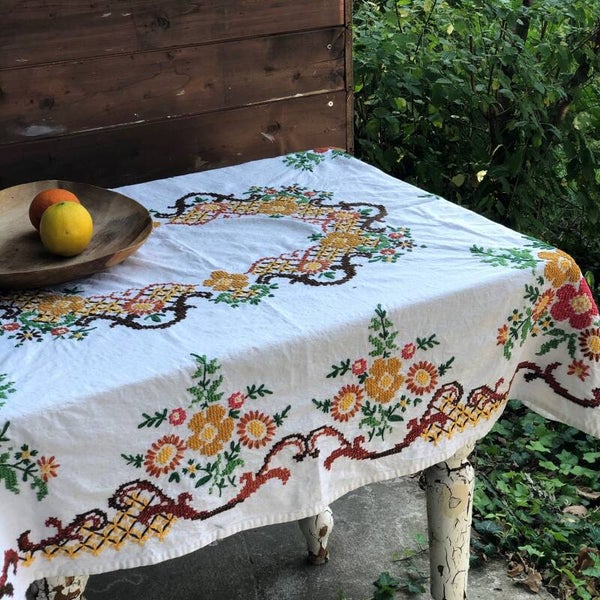 SOLD - Vintage linen bohemian tablecloth in autumn colored embroidery