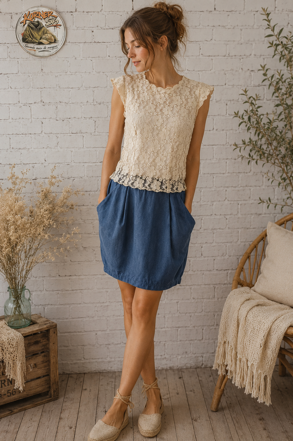 🕊️MISS SIXTY - Robe dentelle crème & Denim bleu