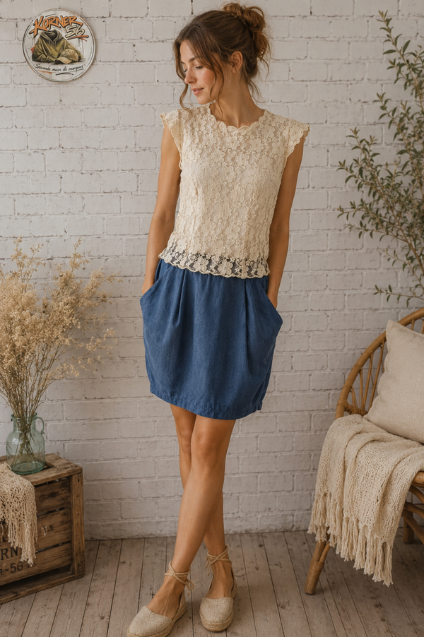 🕊️MISS SIXTY - Robe dentelle crème & Denim bleu