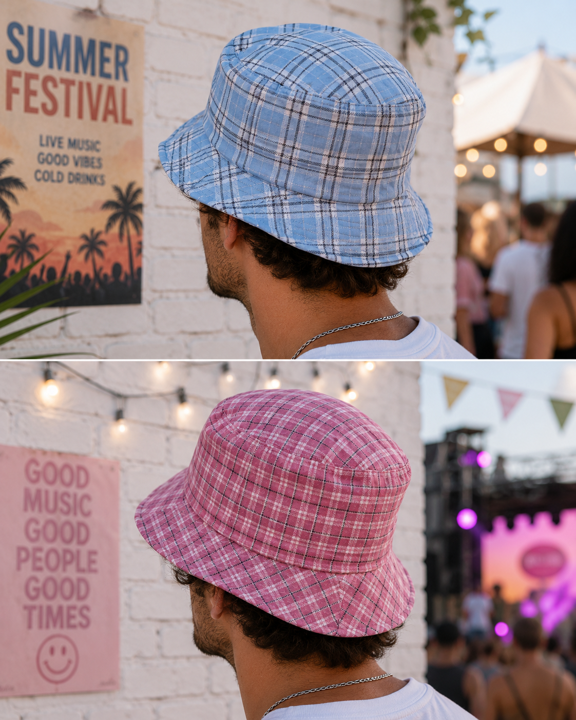 🔄 Bob Réversible à Carreaux – Duo Bleu Ciel & Vieux Rose