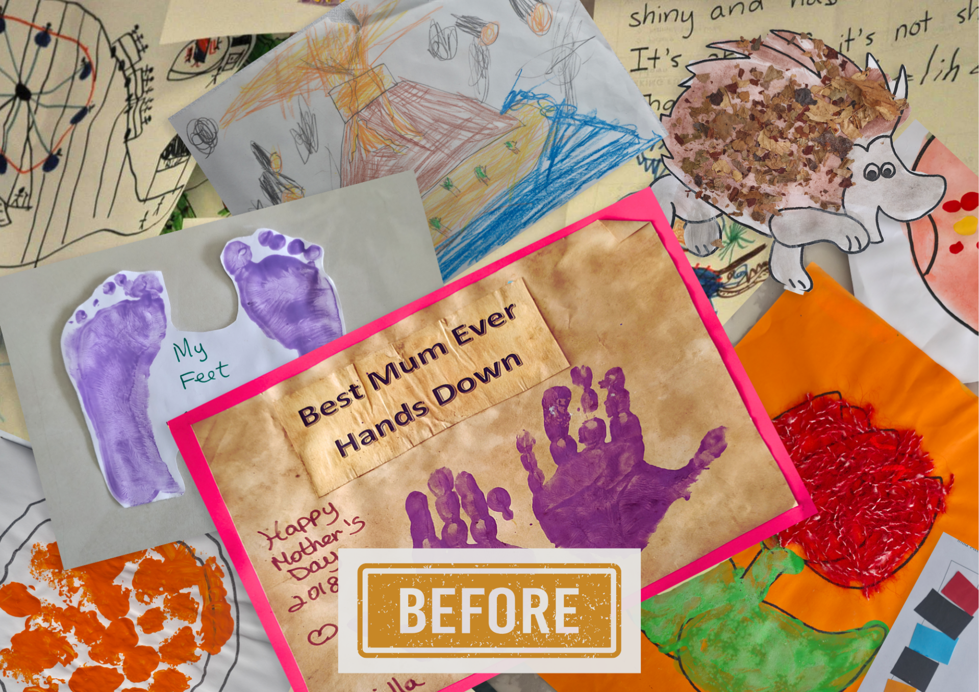 A collection of children's colorful hand-drawn sketches and doodles before digital restoration