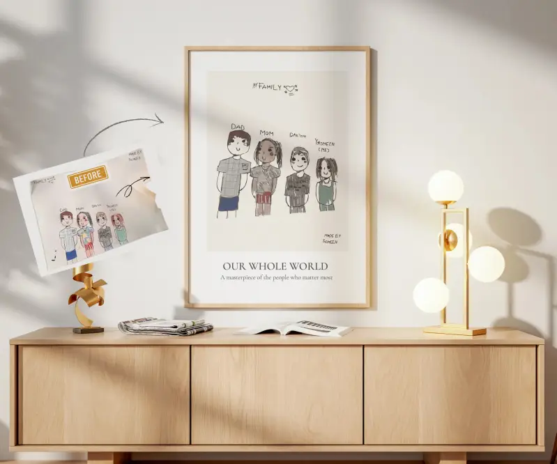 Before-and-after digital transformation of a child’s family drawing into personalised printed and framed wall art.