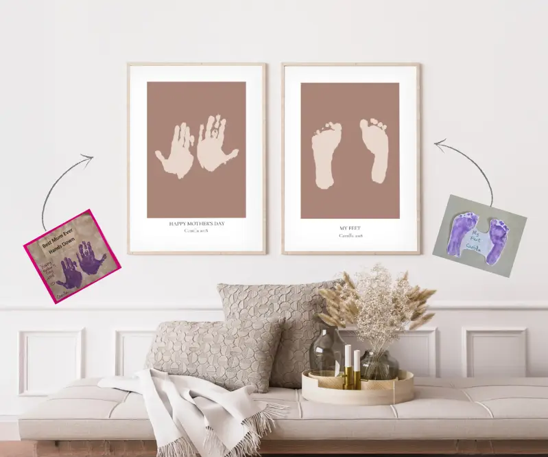 Child’s original handprints and footprints digitally transformed, professionally printed and framed as personalised family wall art.