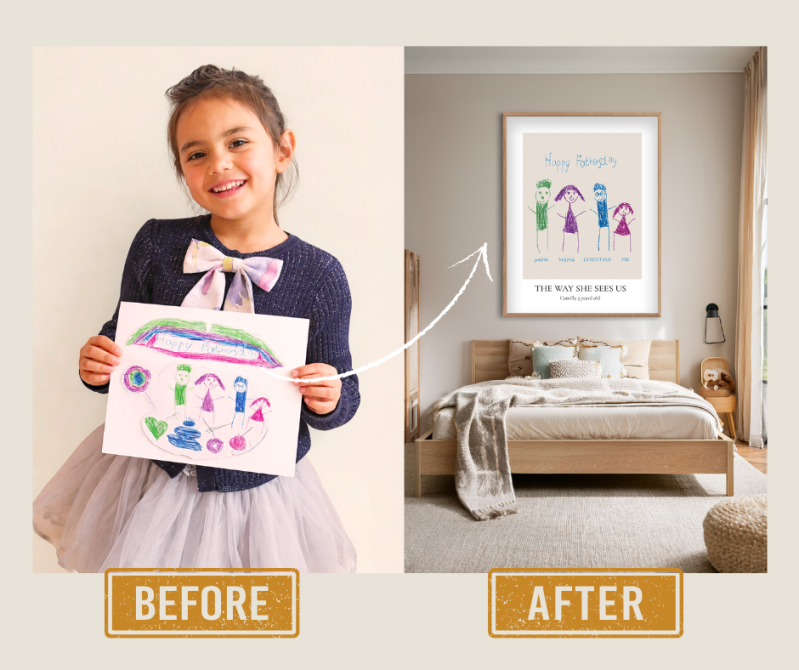 Before-and-after transformation of a child’s family drawing into personalised framed bedroom wall art.