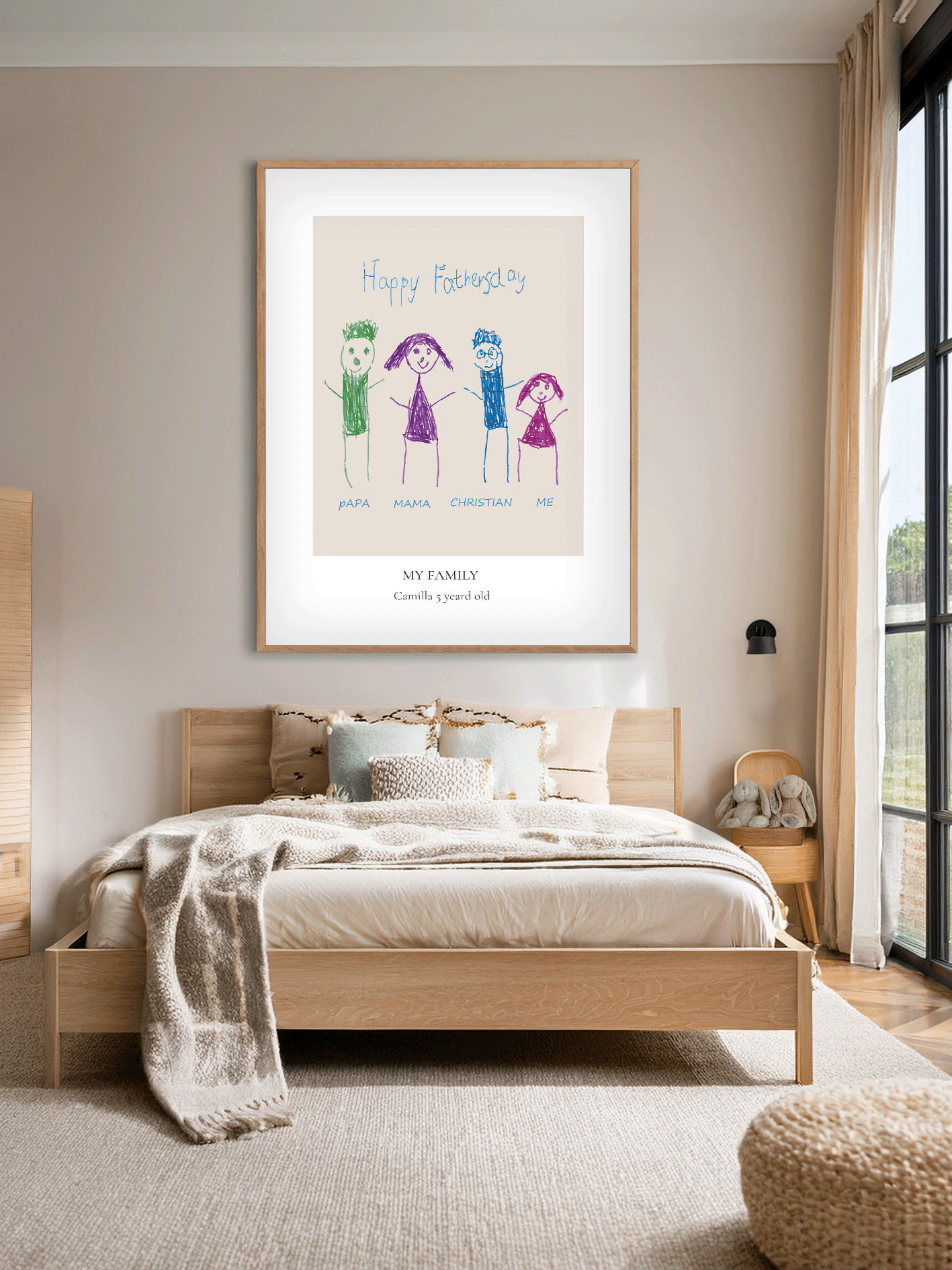 Digital print in kid's bedroom.	"Customized family artwork created from children's drawings, framed as colorful nursery or bedroom wall art."