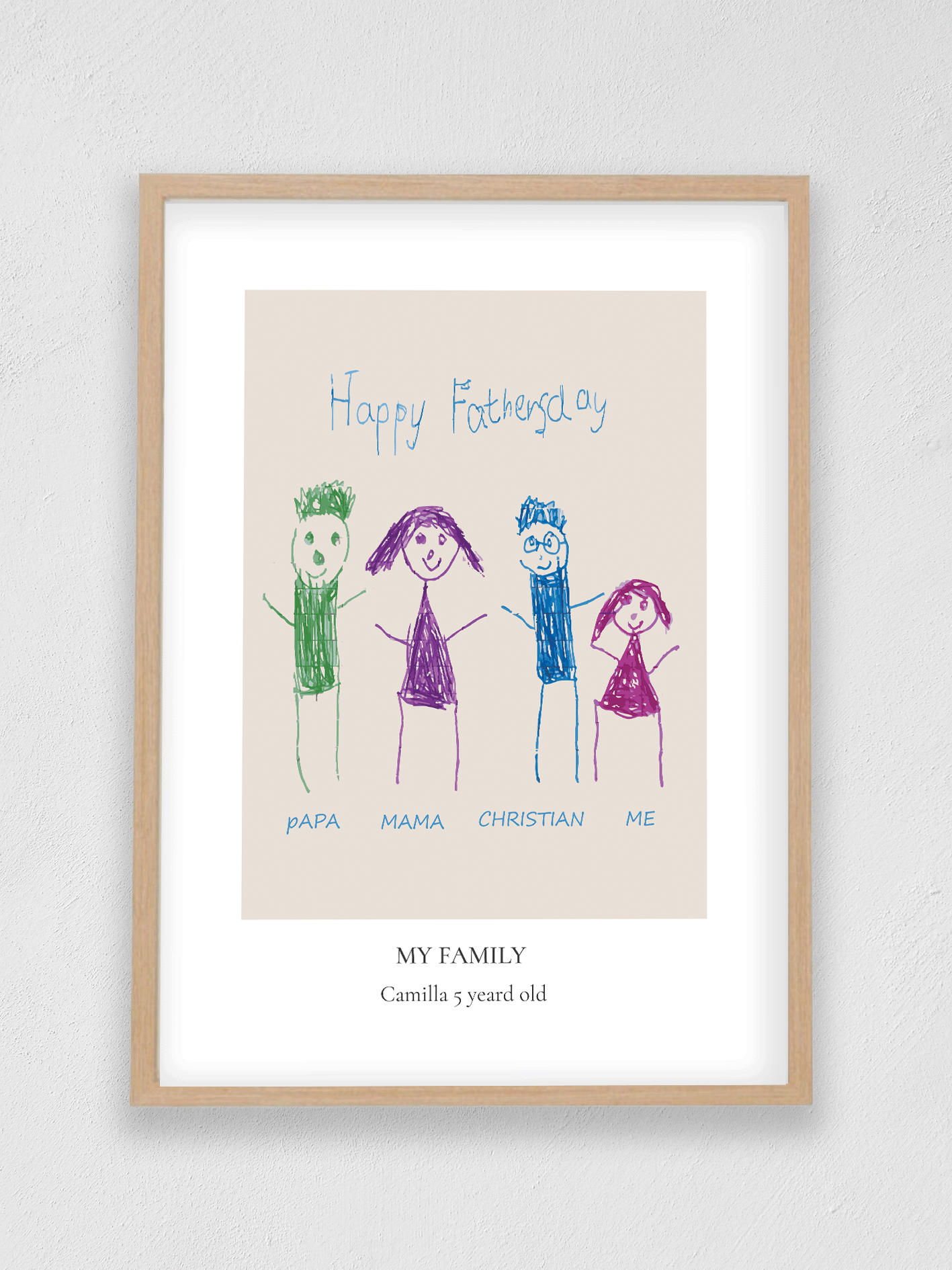 Personalized Father's Day gift featuring a child's drawing of all family members, professionally restored and framed as a custom digital art print by TinyKeep Studio Malta."