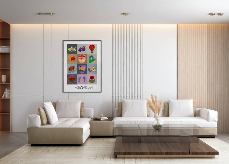 Frame collage in living room.	"Premium solid wood multi-aperture frame displaying a collection of kids' art in a modern living room setting."