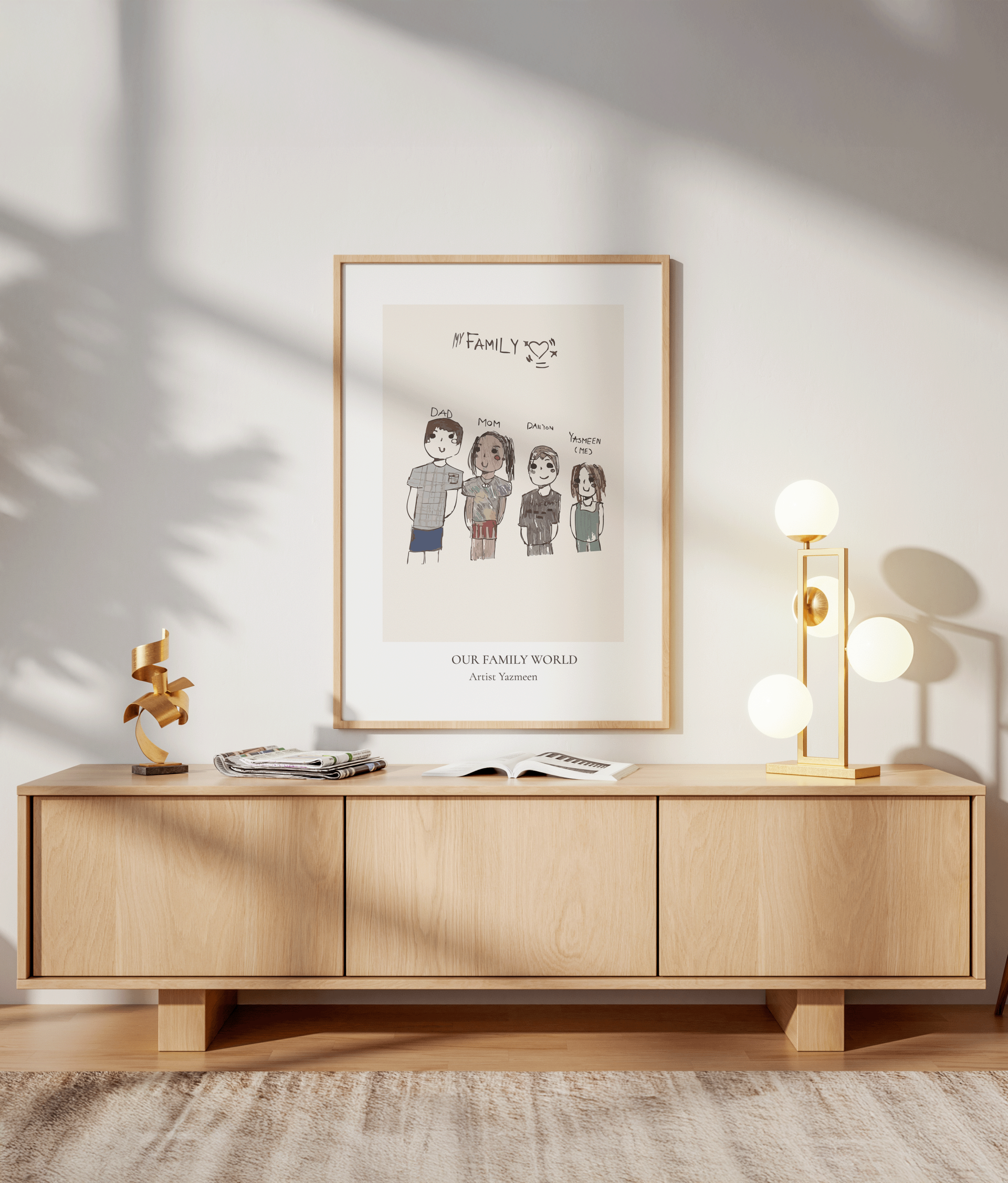 Digital print in living room.	"Sleek framed digital art print created from a child's drawing, styled as minimalist living room decor."