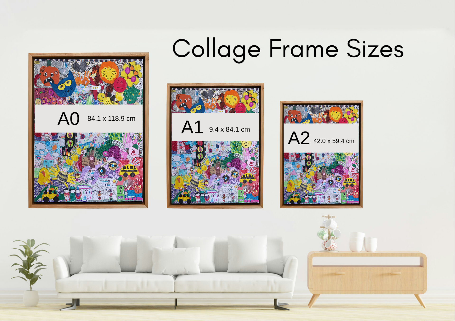 Size guide and layout options for custom multi-photo kids art gallery frames.
