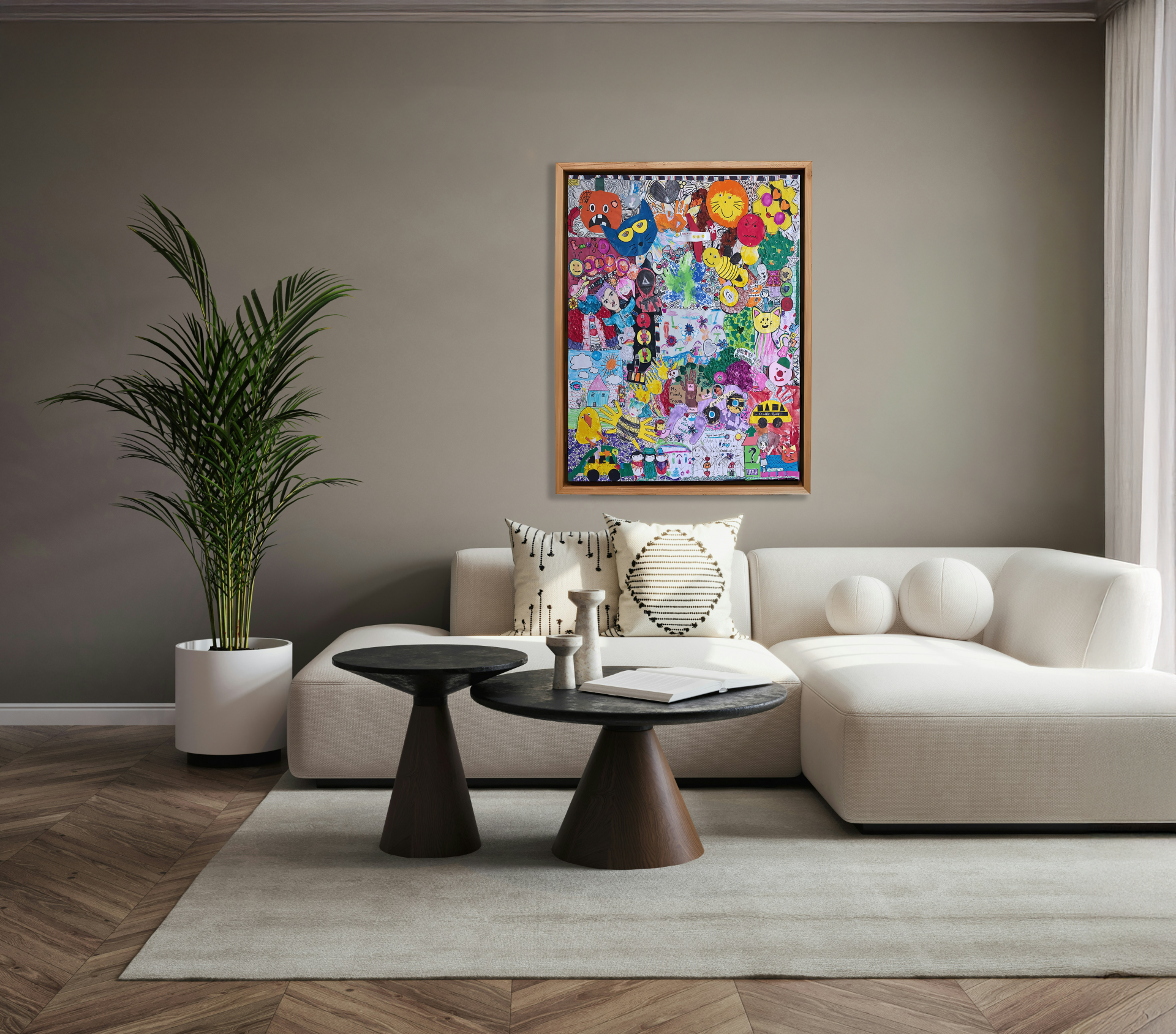 Frame collage in living room.	"Premium solid wood multi-aperture frame displaying a collection of kids' art in a modern living room setting."