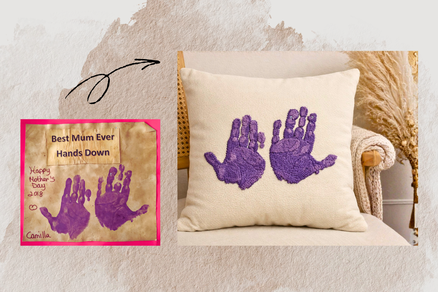 Hand-tufted punch needle cushion featuring a custom child's handprint design on natural linen.