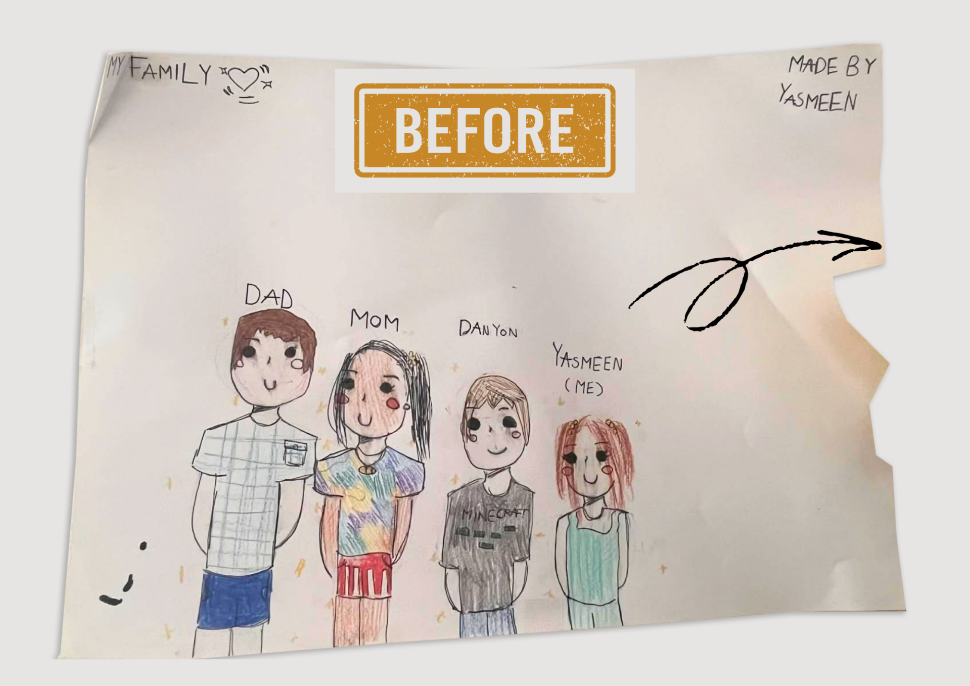 Before/After digital collage.	"Before and after digital restoration of kids' artwork combined into a high-resolution digital art collage."