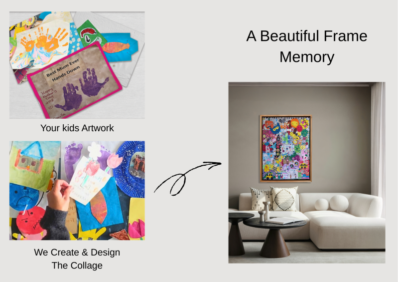 Children’s original drawings transformed into a framed artwork collage