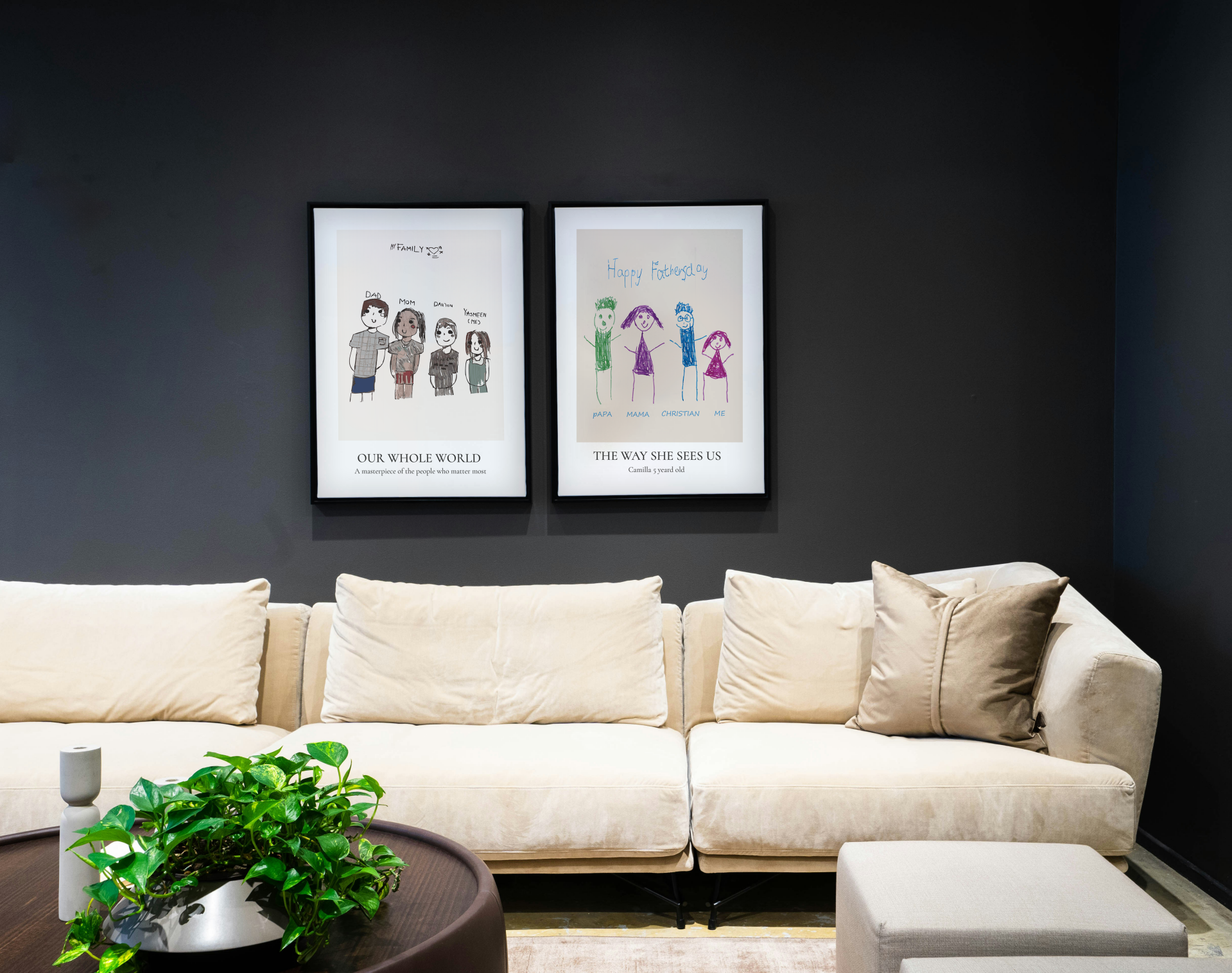 Digital print in living room.	"Sleek framed digital art print created from a child's drawing, styled as minimalist living room decor."