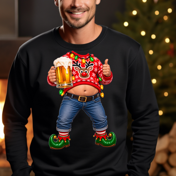Kersttrui man met Bierpul en buikje-Foute kersttrui.