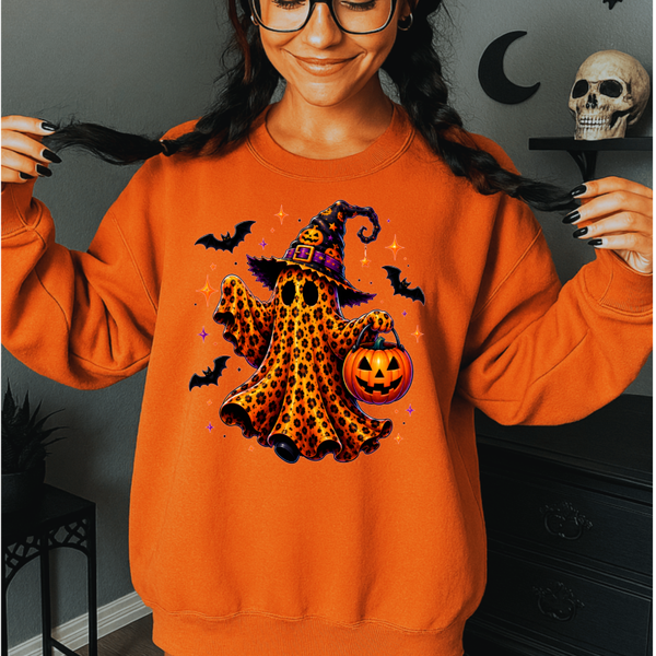 Uniseks Halloween oranje sweater skelet.