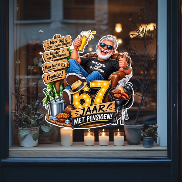 Raamsticker 67 jaar- Pensioen raamsticker.