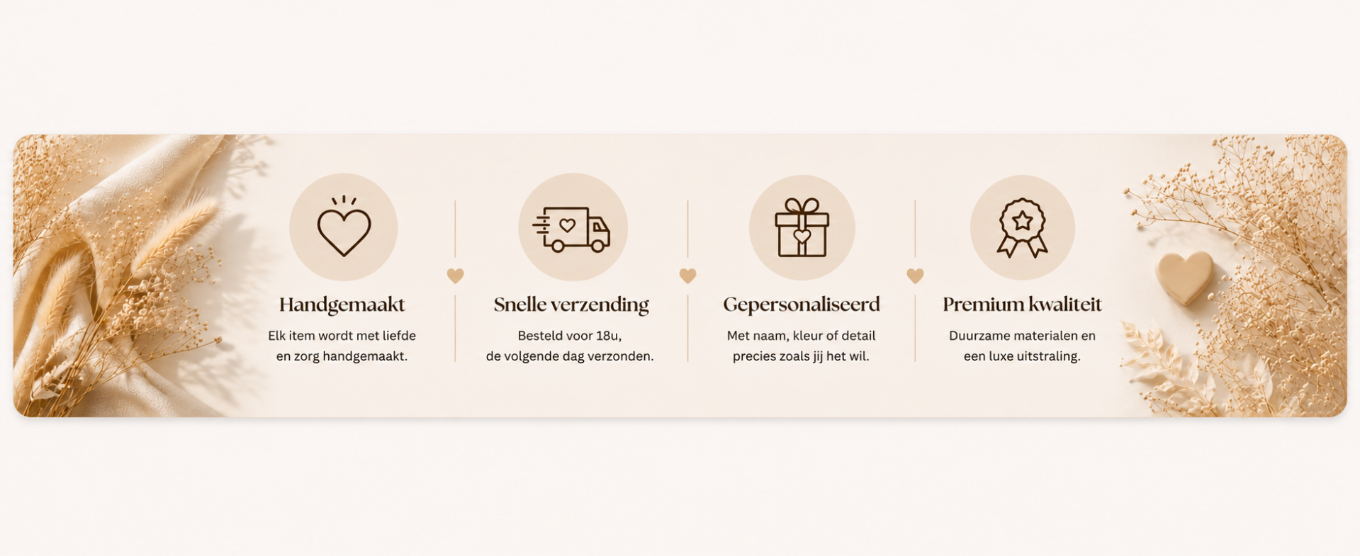 Banner met USP’s van CA Design in beige luxe stijl met handgemaakt in België, snelle verzending, gepersonaliseerde cadeaus en premium kwaliteit.
