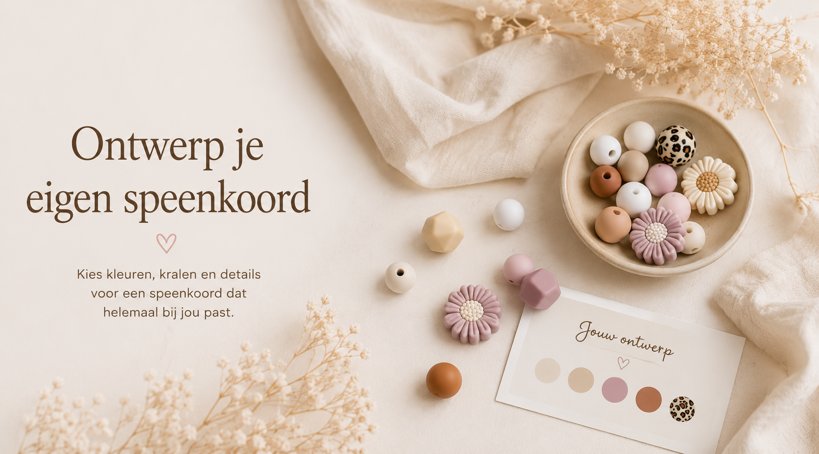 Ontwerp je eigen gepersonaliseerd speenkoord met naam en kleuren bij CA Design