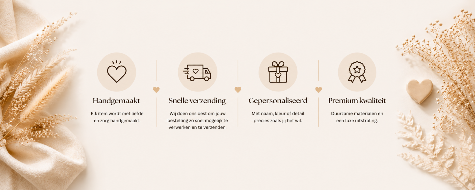 Luxe beige banner voor ontwerp je speenkoord met handgemaakte uitstraling, personalisatie, snelle verzending en premium kwaliteit van CA Design.