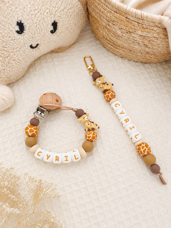 PRE-ORDER Cadeauset ‘Little Giraffe’ | Speenkoord & sleutelhanger (levertijd 1-2 weken)