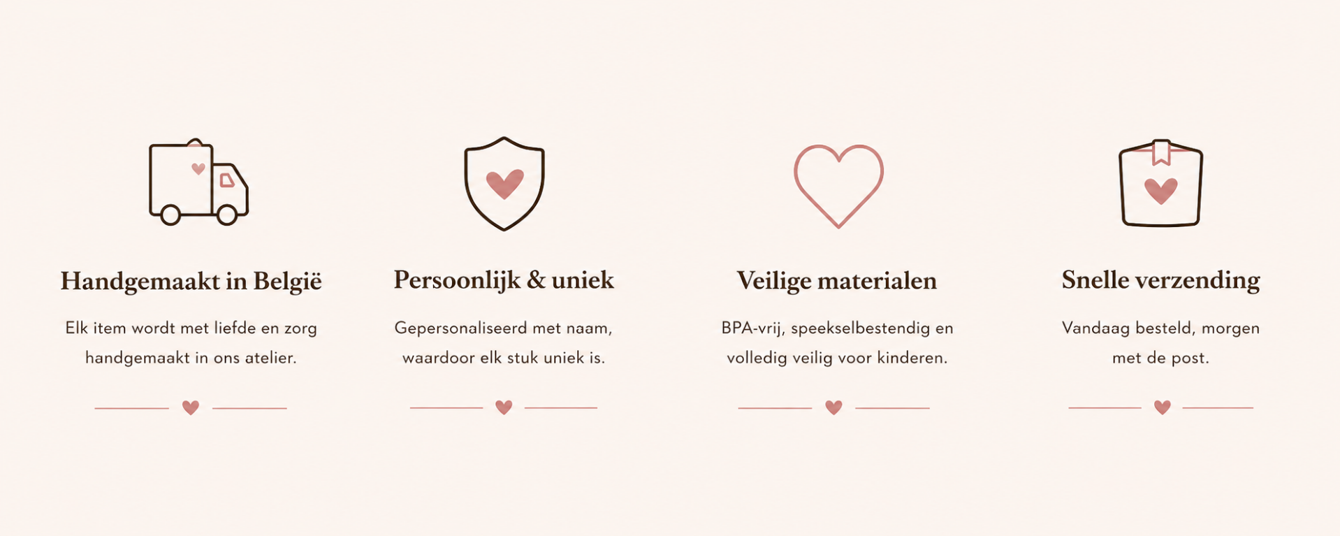 Banner met voordelen van CA Design waaronder handgemaakt in België, gepersonaliseerde cadeaus met naam, veilige BPA-vrije materialen en snelle verzending voor handgemaakte accessoires en speenkoorden.