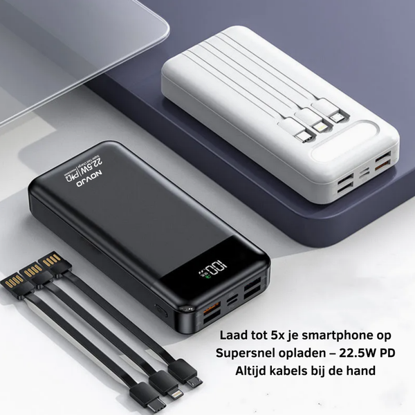 NOVJO Powerbank 20000mAh – 22,5W Snellader met LED Zaklamp en Ingebouwde Kabel – Geschikt voor Apple iPhone en Samsung