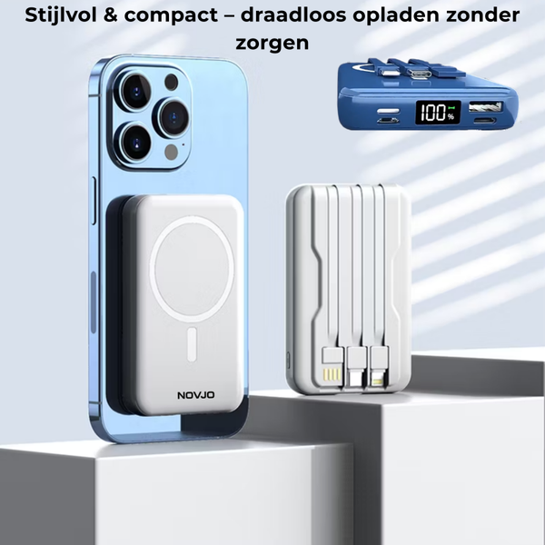NOVJO 3-in-1 Magnetische Draadloze Powerbank – 10000mAh – 15W/22.5W Inclusief ingebouwde kabels & LED-display-Zwart-Wit- Roze- Blauw